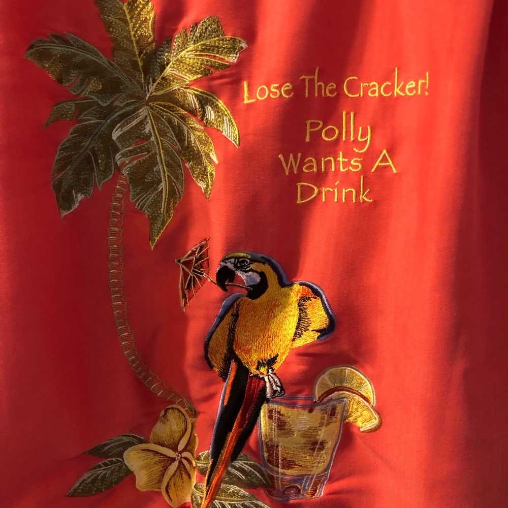 Embroidered Back Parrot Camp Hawaiian Rayon Shirt Luau Edition Tropical Coral